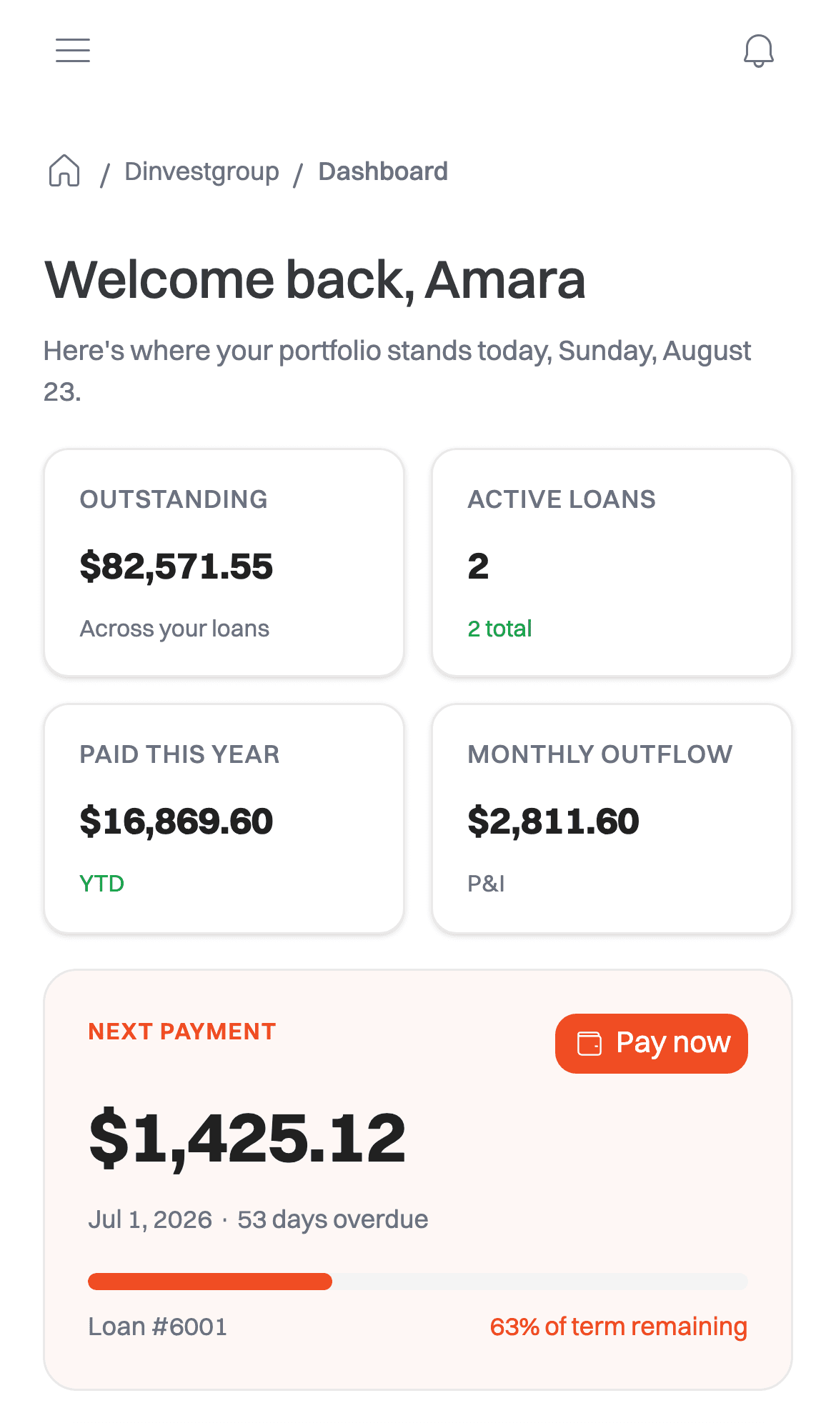 The DIG customer dashboard, showing an active loan and upcoming payment