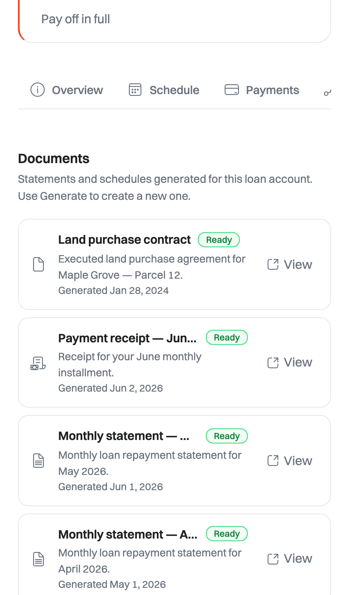 The DIG app's document list for a loan, showing a purchase contract, receipts and statements